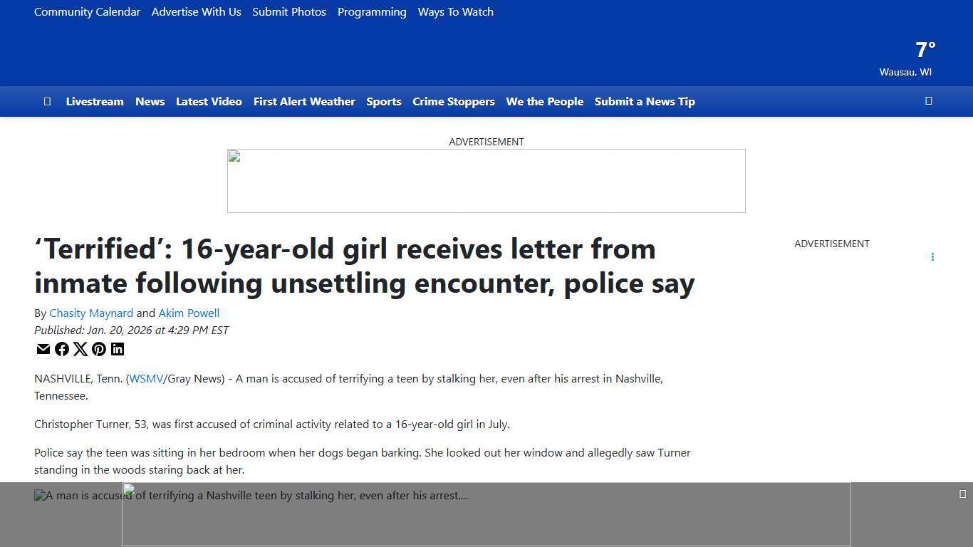 ‘Terrified’: 16-year-old girl receives letter from inmate following unsettling encounter, police say